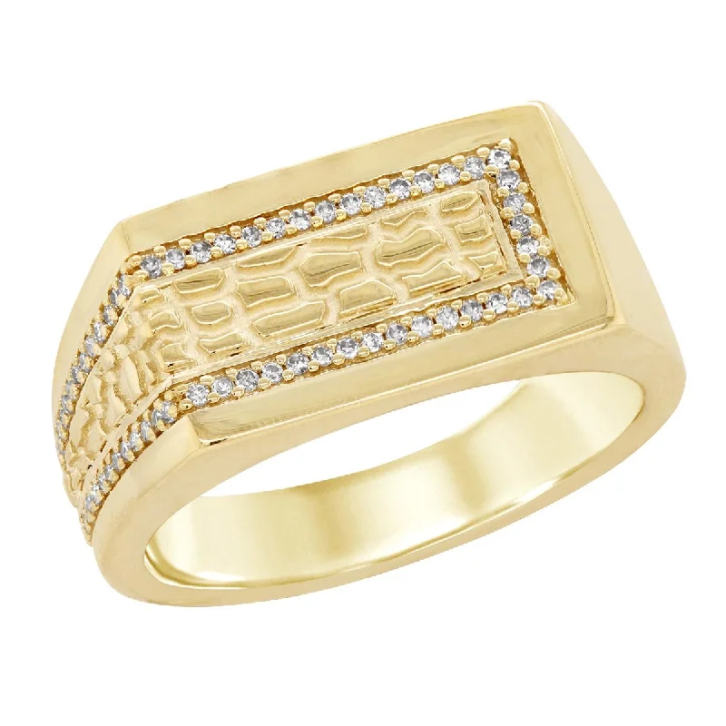 Unique Vintage Wedding Rings For Collectors-MEN'S YELLOW GOLD NUGGET FASHION RING WITH DIAMONDS, .20 CT TW