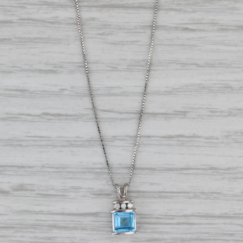 Large Necklace For Statement Fashion-0.83ctw Blue Topaz Diamond Pendant Necklace 14k White Gold 18" Box Chain