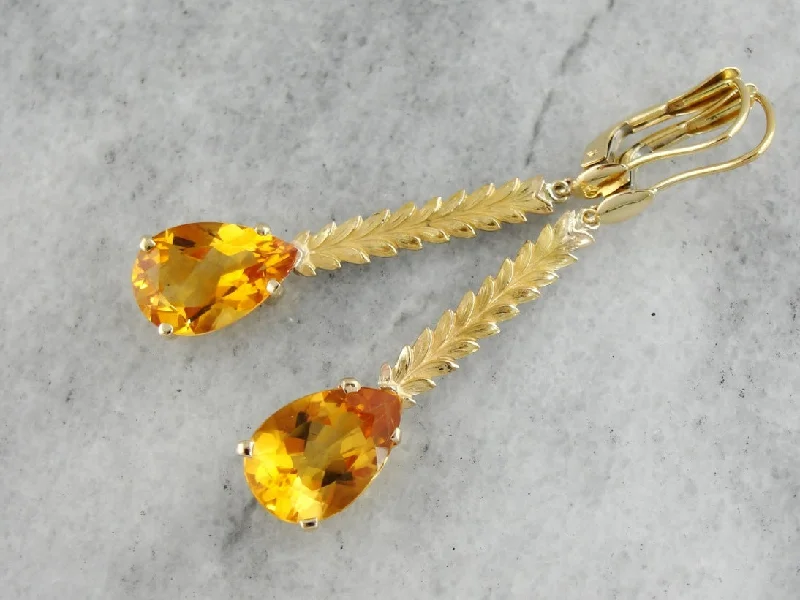 Trendy Earrings For Fall Fashion-18K Gold Citrine Drop Earrings with Leafy Accents, Long Pear Cut Citrine Earrings