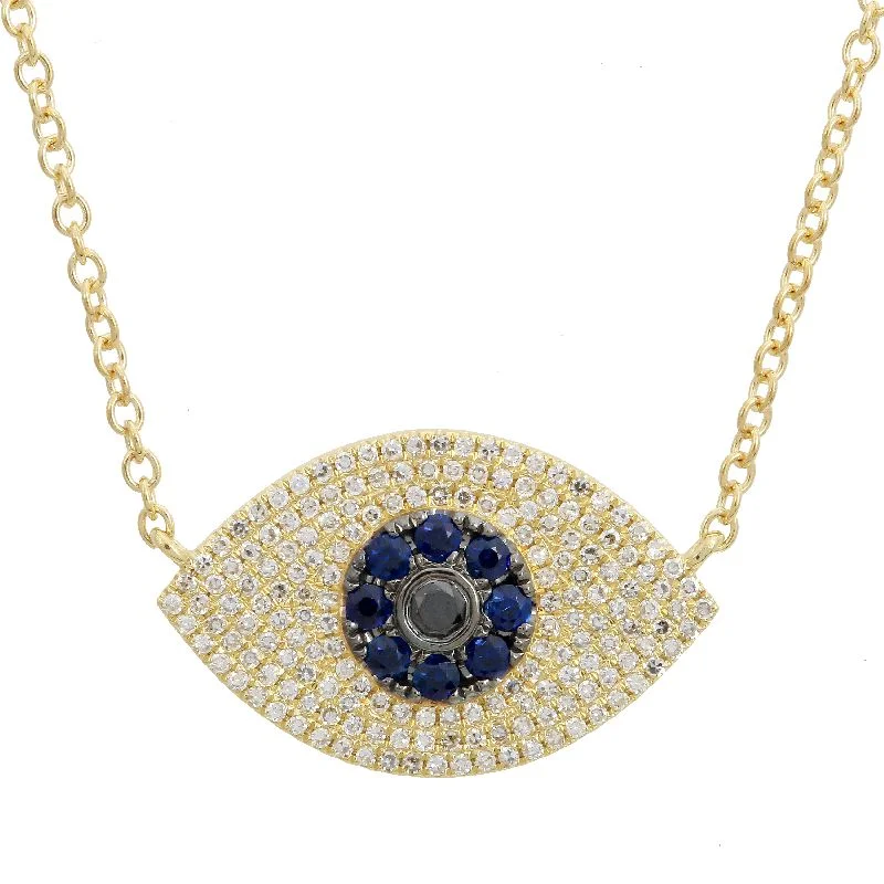 Long Pendant Necklaces For Evening Wear-14K Yellow Gold Diamond+Sapphire Evil Eye Necklace