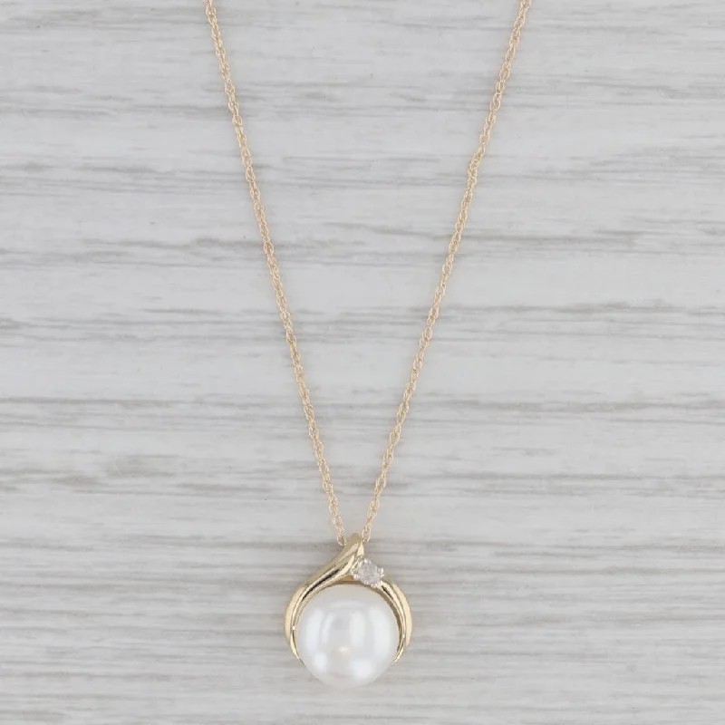 Cute Necklace Sets For Special Days-Cultured Button Pearl Diamond Pendant Necklace 10k Yellow Gold 18" Rope Chain